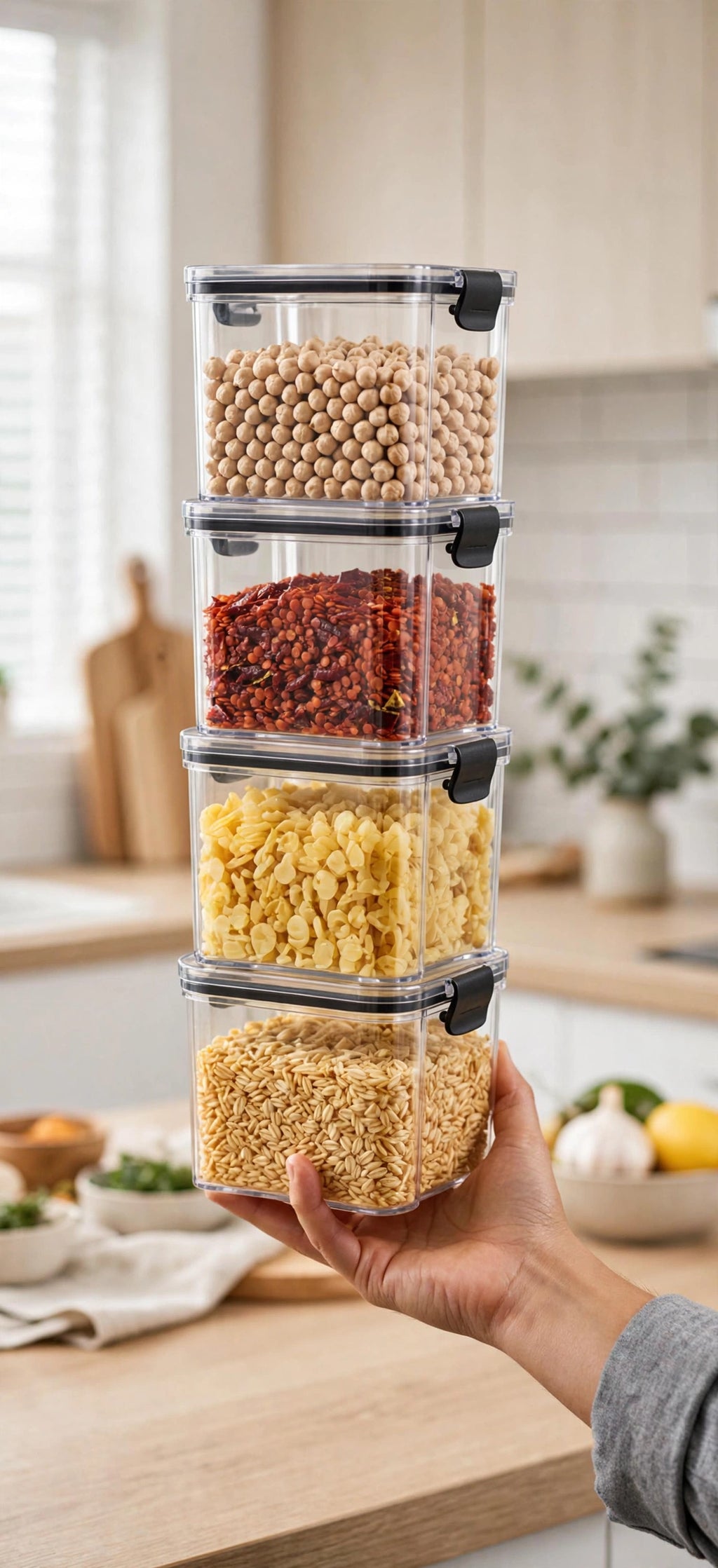 Set di 4 contenitori ermetici per farina e cereali con coperchi ermetici