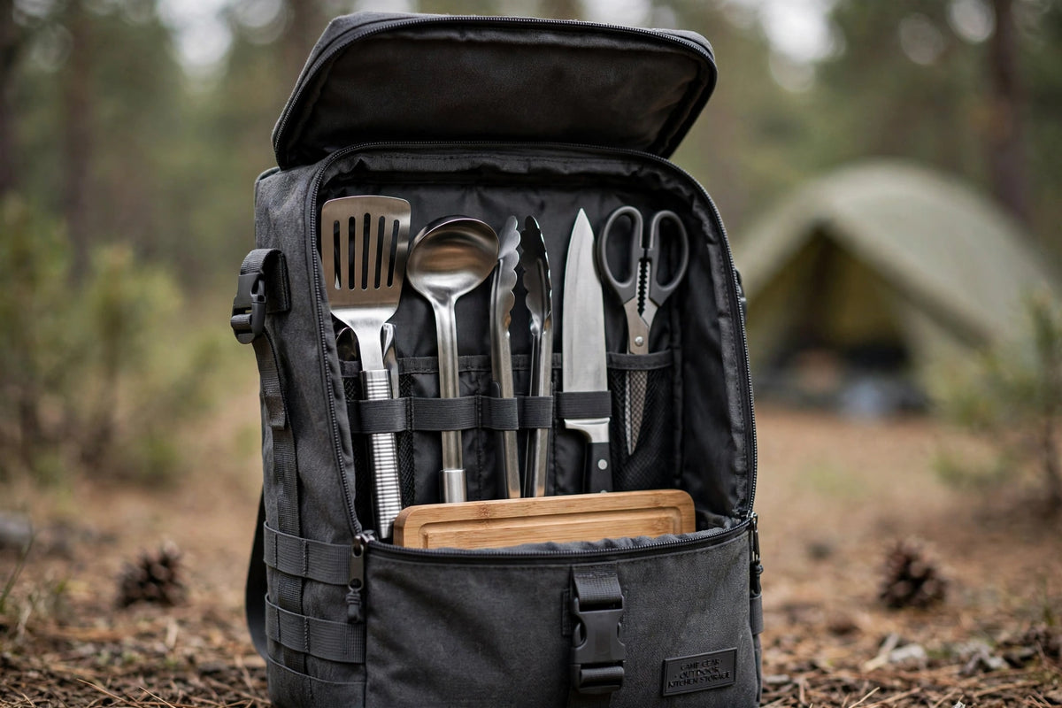 Set Bucătărie Camping 7 Piese cu Husă Compactă - Ustensile Outdoor Inox pentru Picnic, Grătar și Drumeții