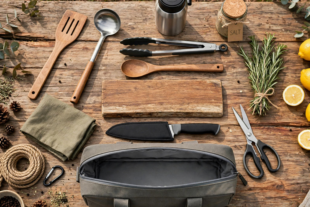 Set Bucătărie Camping 7 Piese cu Husă Compactă - Ustensile Outdoor Inox pentru Picnic, Grătar și Drumeții