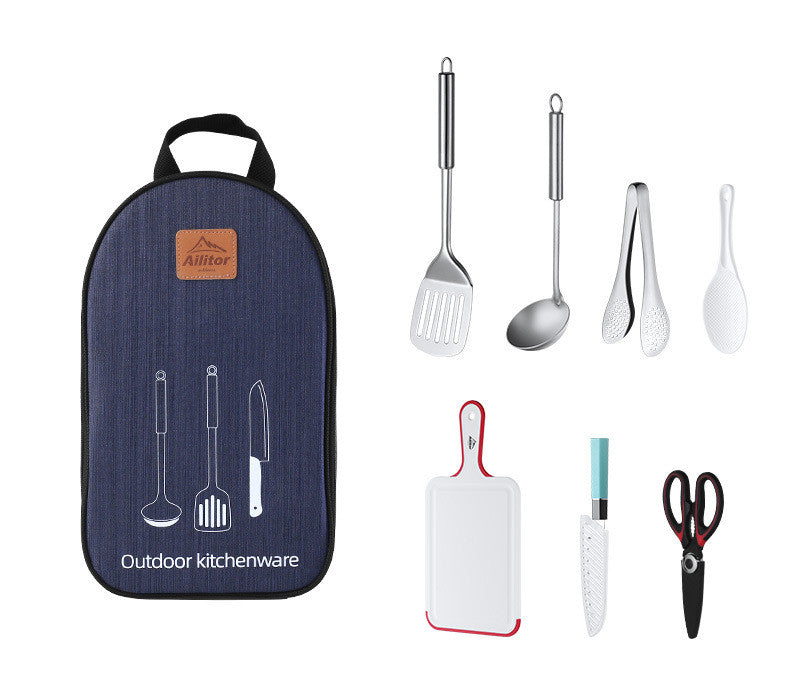 Set Bucătărie Camping 7 Piese cu Husă Compactă - Ustensile Outdoor Inox pentru Picnic, Grătar și Drumeții